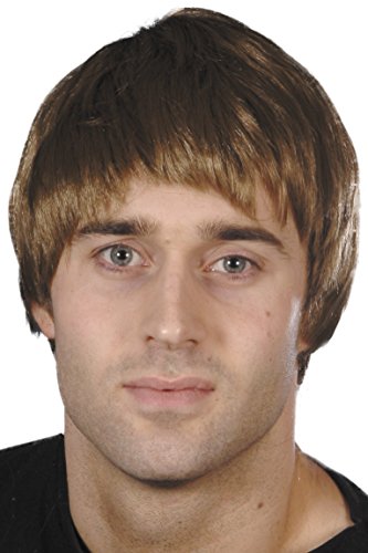 Brown wig on a mannequin head, straight cut with bangs, against a white background.