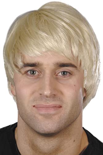 Man wearing a short, blonde wig with side-swept bangs.