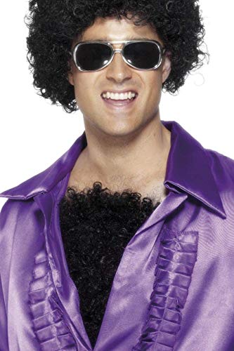 Man with large afro wig, sunglasses, and a fake hairy chest.