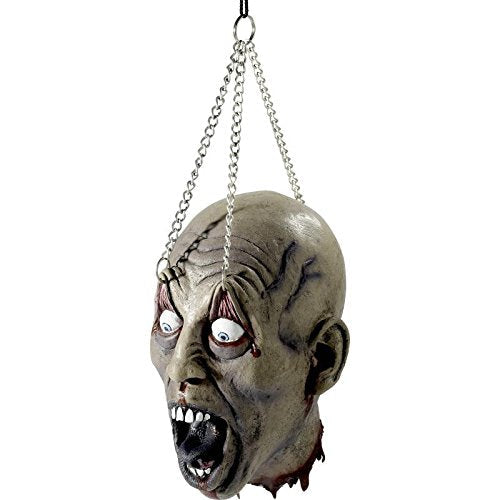 A hanging, gray, latex zombie head mask with open mouth and white eyes.