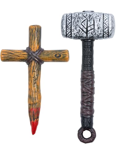 Wooden-effect vampire hunter stake and hammer prop set, isolated on white.