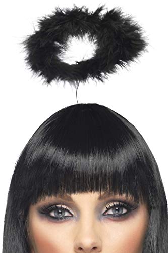 Black feathered halo headband shown on a mannequin head.