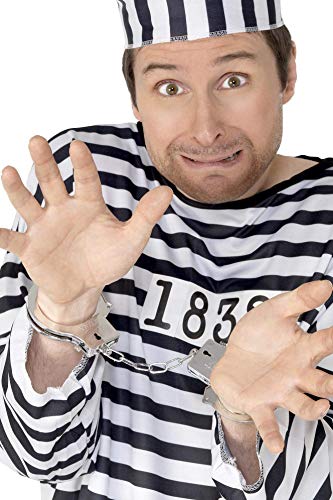 Man in striped prisoner outfit with silver plastic handcuffs.