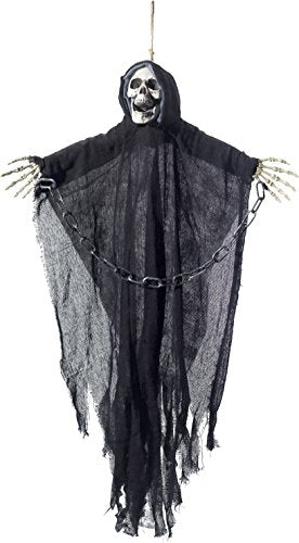 "Hanging skeleton decoration with tattered black robe, skeletal hands, and chain waist on white background."
