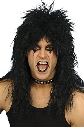 Man wearing a long, black, spiky "hard rocker" style wig.