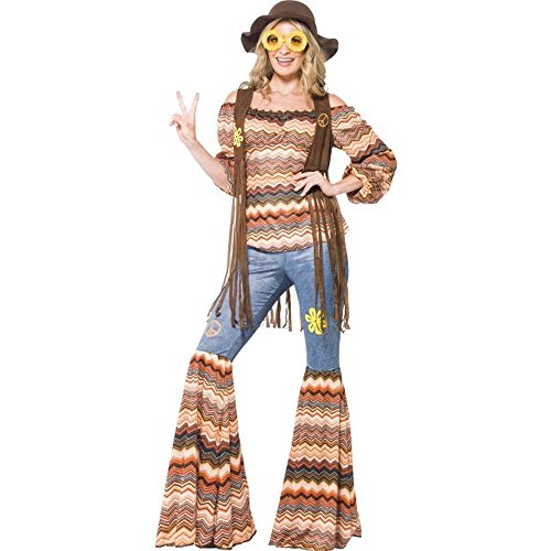 Woman in a 1960s-style hippie costume with flared pants and a vest.