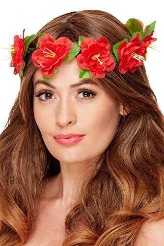 Red hibiscus flower crown on a woman with brown hair.