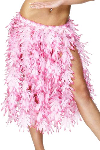 Pink Hawaiian leaf skirt worn around the waist, mid-thigh length.