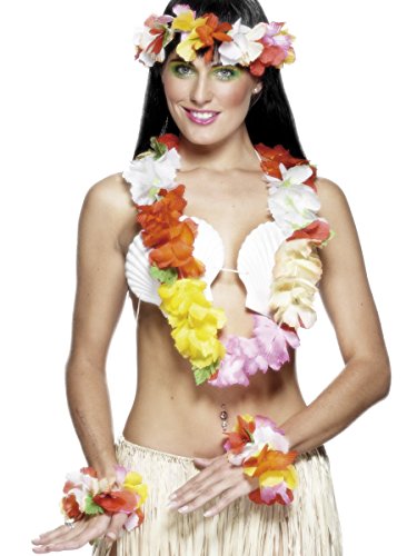 Woman wearing a colourful Hawaiian flower garland, wristband, and bra.