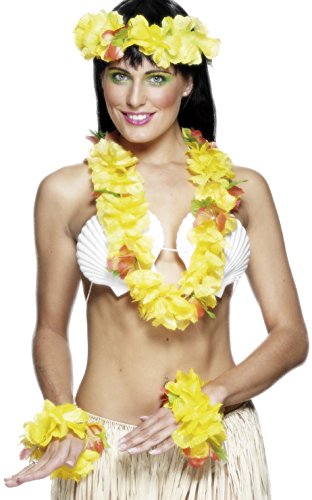 Woman wearing a Hawaiian costume with a yellow garland headband, lei, and wristbands.