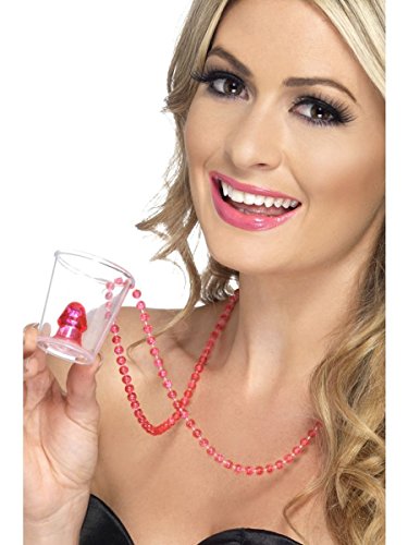 Woman holding a shot glass shaped like a penis on a pink necklace.