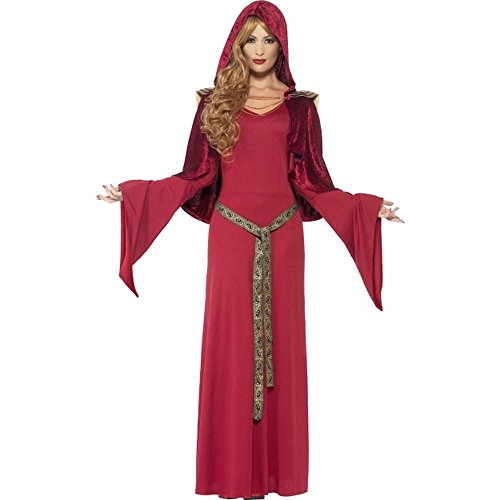 Woman wearing a long red hooded dress with bell sleeves and a patterned belt.