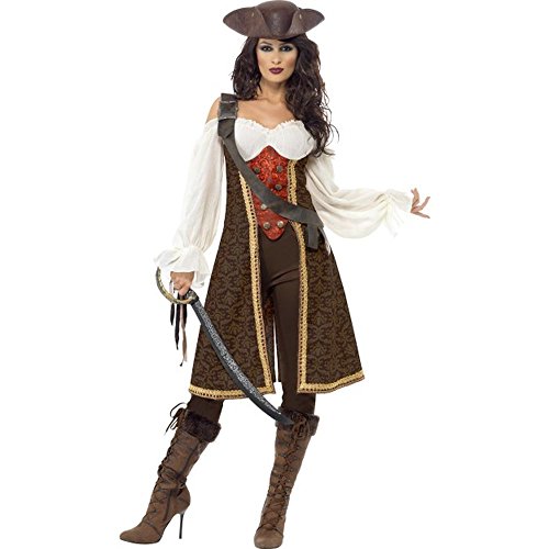 Woman in a brown pirate wench costume with hat and sword.