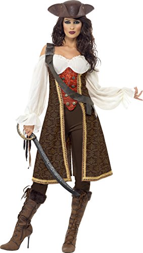 "Woman dressed as a pirate in a brown and white costume, holding a sword."