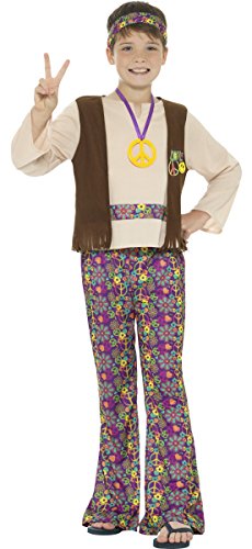 Boy in a 1960s-style hippie costume with peace sign necklace.