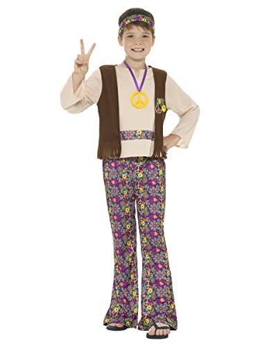 Boy in a 1960s-style hippie costume with flared trousers and peace sign.
