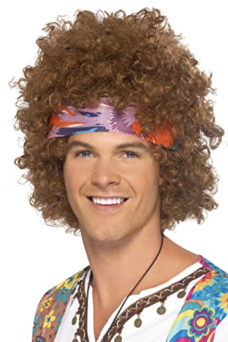 Man wearing a brown afro wig, headscarf, and peace sign necklace.