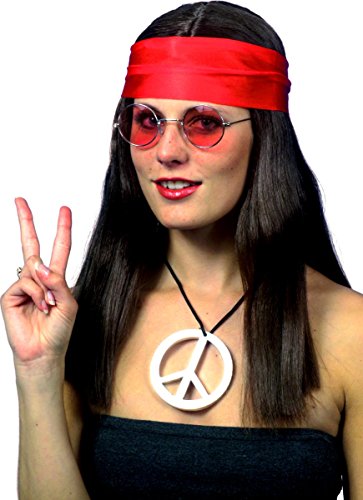 A woman wearing a brown wig, red headband, peace sign necklace, and round sunglasses.