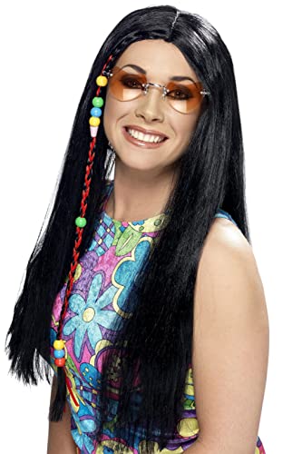 Long black wig with colorful beaded braids, worn by a person.