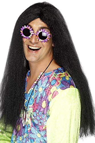 The image depicts a man wearing a black hippy wig, floral sunglasses, and a colorful shirt. Alt text: Man wearing long black wig, floral sunglasses, and patterned shirt.