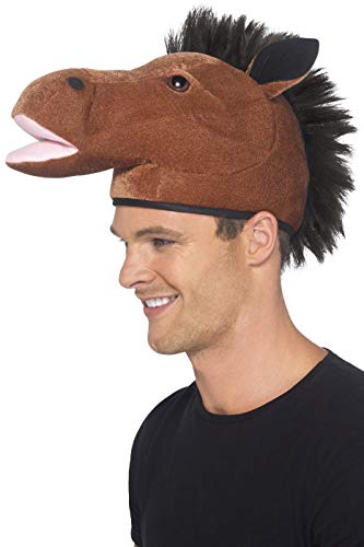 Man wearing a brown horse head hat with a black mane and open mouth.