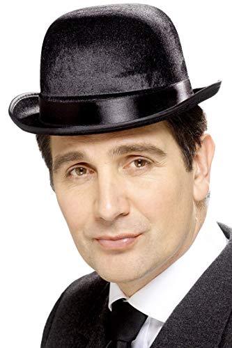 Man wearing a classic black bowler hat with a small brim.