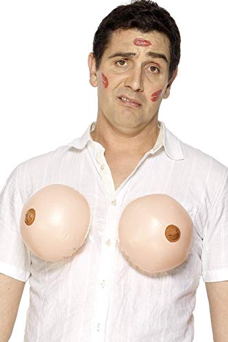 A man wearing a white shirt with inflatable breasts attached to the front.