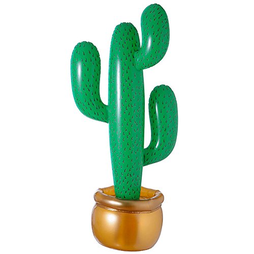 The image depicts a green inflatable cactus in a gold pot. Alt text: Green inflatable cactus with black dots in a gold pot.