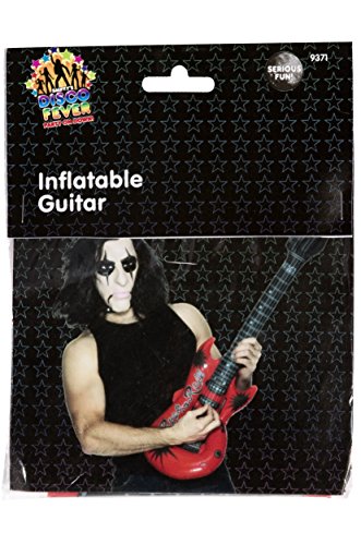 The alt text for the image is: "Man holding a red inflatable guitar with 'Rock n Roll' written on it."
