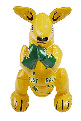 Inflatable yellow kangaroo wearing green boxing gloves with Australia printed on its chest.