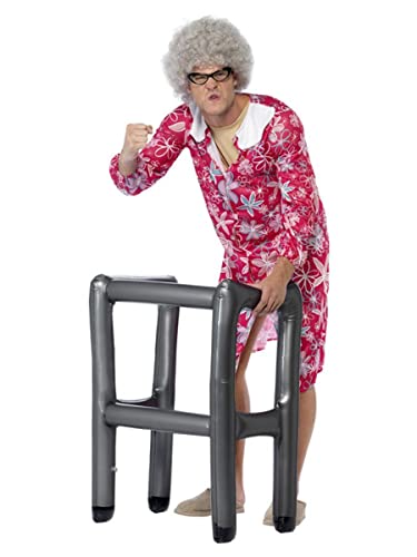 Person in floral dress leaning on an inflatable Zimmer frame.