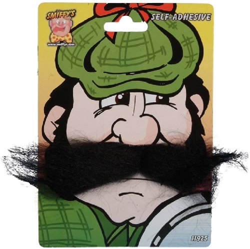 Cartoon face with green cap and attached bushy black mustache and beard.