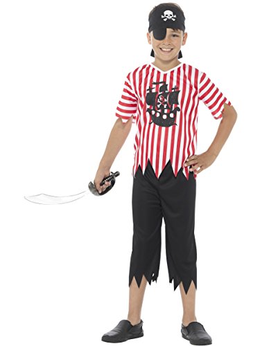 Boy in a red and white striped pirate costume with a sword.