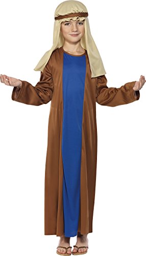 A child dressed in a brown robe, blue tunic, and beige headscarf costume.