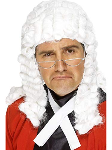 Man wearing a large, curly white judge’s wig and glasses.