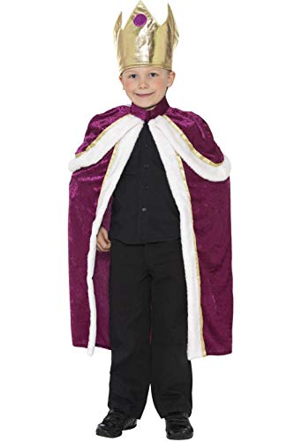 Child wearing a purple and gold king costume with a crown and cape.