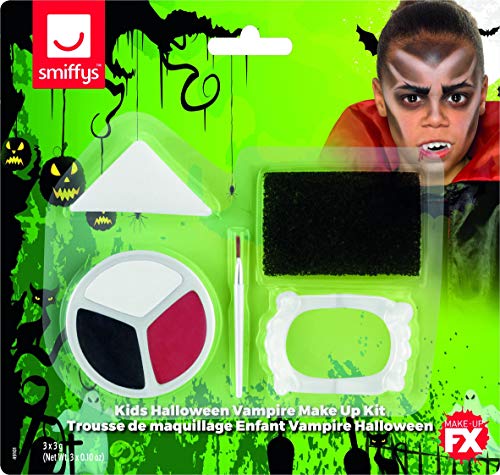 Smiffys kids vampire makeup kit with face paint, sponge, brush, and plastic fangs.