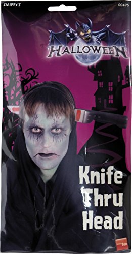 Man with shocked expression, wearing black, and a knife protruding from his head.