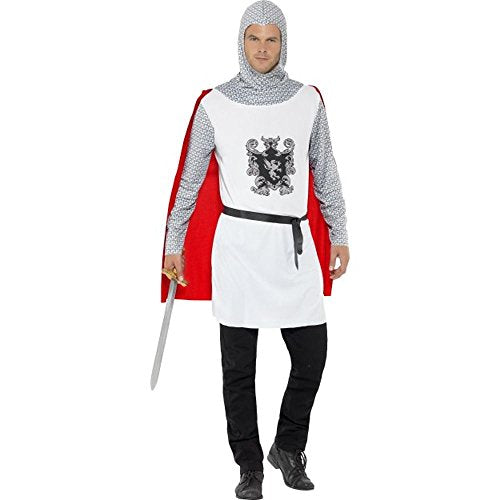 Man wearing a white and silver medieval knight costume with a red cape.
