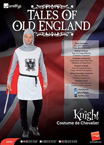 White knight costume with red cape, chainmail sleeves, and hood.