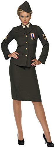 A woman wearing an olive green military officer costume with a matching skirt and hat.