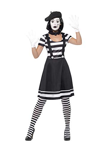 Woman in a mime costume with striped shirt, black skirt, beret, and white gloves.