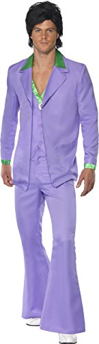 Man wearing lavender 1970s-style three-piece suit with green trim and white shoes.