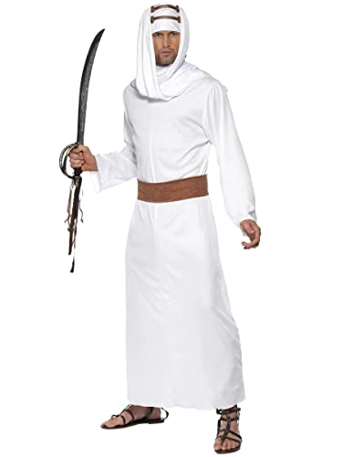 Man in white robe and headwrap holding a curved sword.