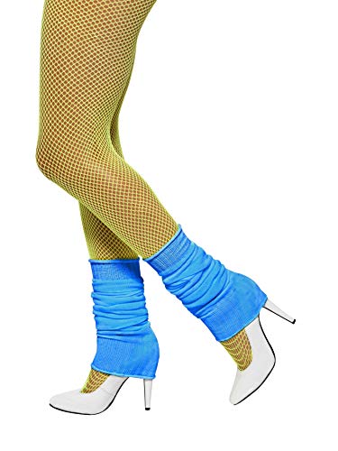 Bright blue legwarmers worn with fishnet stockings and white heels.