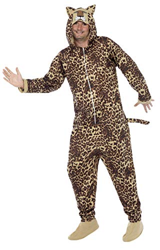 A man wearing a full-body leopard print jumpsuit with an attached animal hood.