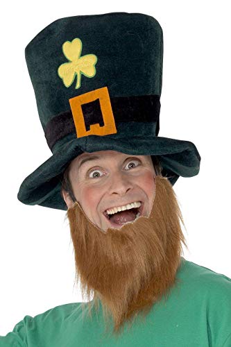 Man wearing a green leprechaun hat and red beard costume.