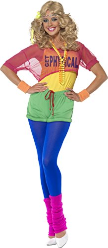 A woman wearing a multicolored aerobics costume, including shorts, leotard, and headband, posing confidently.