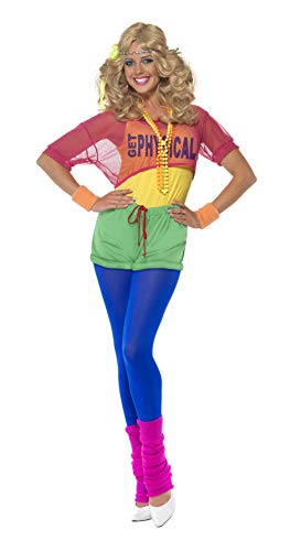 Woman in brightly colored 80s workout costume with headband and leg warmers.