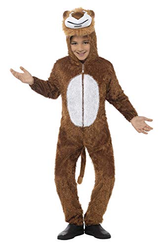 Child wearing a brown, furry lion costume with a hooded mane.